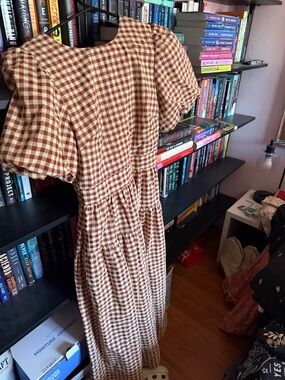 En Saison Brown and Cream Gingham Puff-Sleeve Maxi Dress
